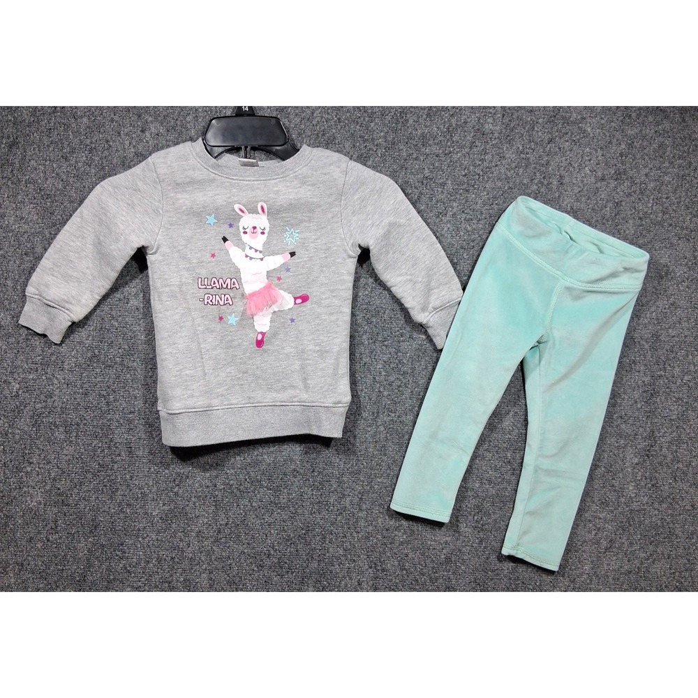 BCG Toddler Girl‎ Set Size 2T Gray Long Sleeves LLAMA-RINA & Minky Teal Pants